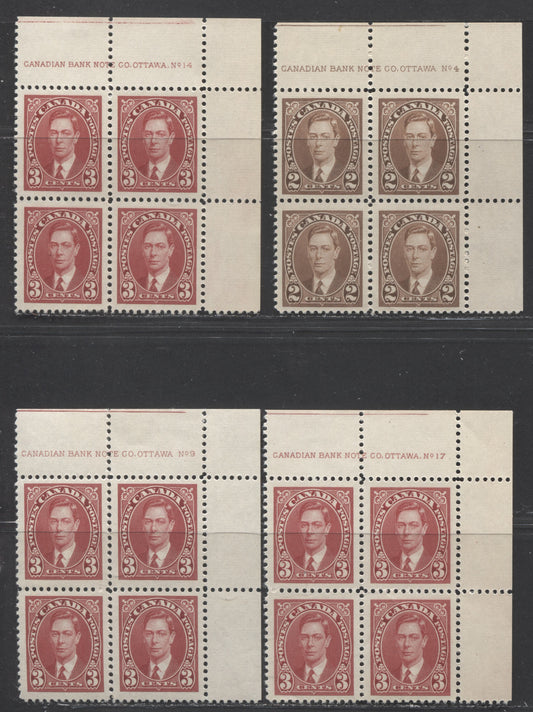 Lot 96 Canada #232-233 2c-3c Brown-Carmine, 1937 Mufti Issue, 4 VFOG UR Plate Blocks Of 4 With Different Papers & Gums
