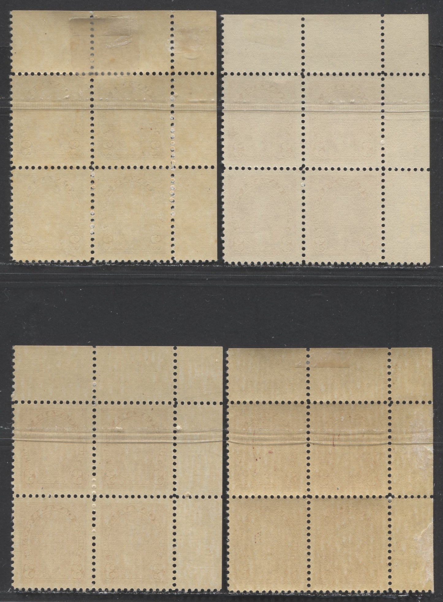 Lot 97 Canada #232-233 2c-3c Brown-Carmine, 1937 Mufti Issue, 4 VFOG UL Plate Blocks Of 4 With Different Papers & Gums