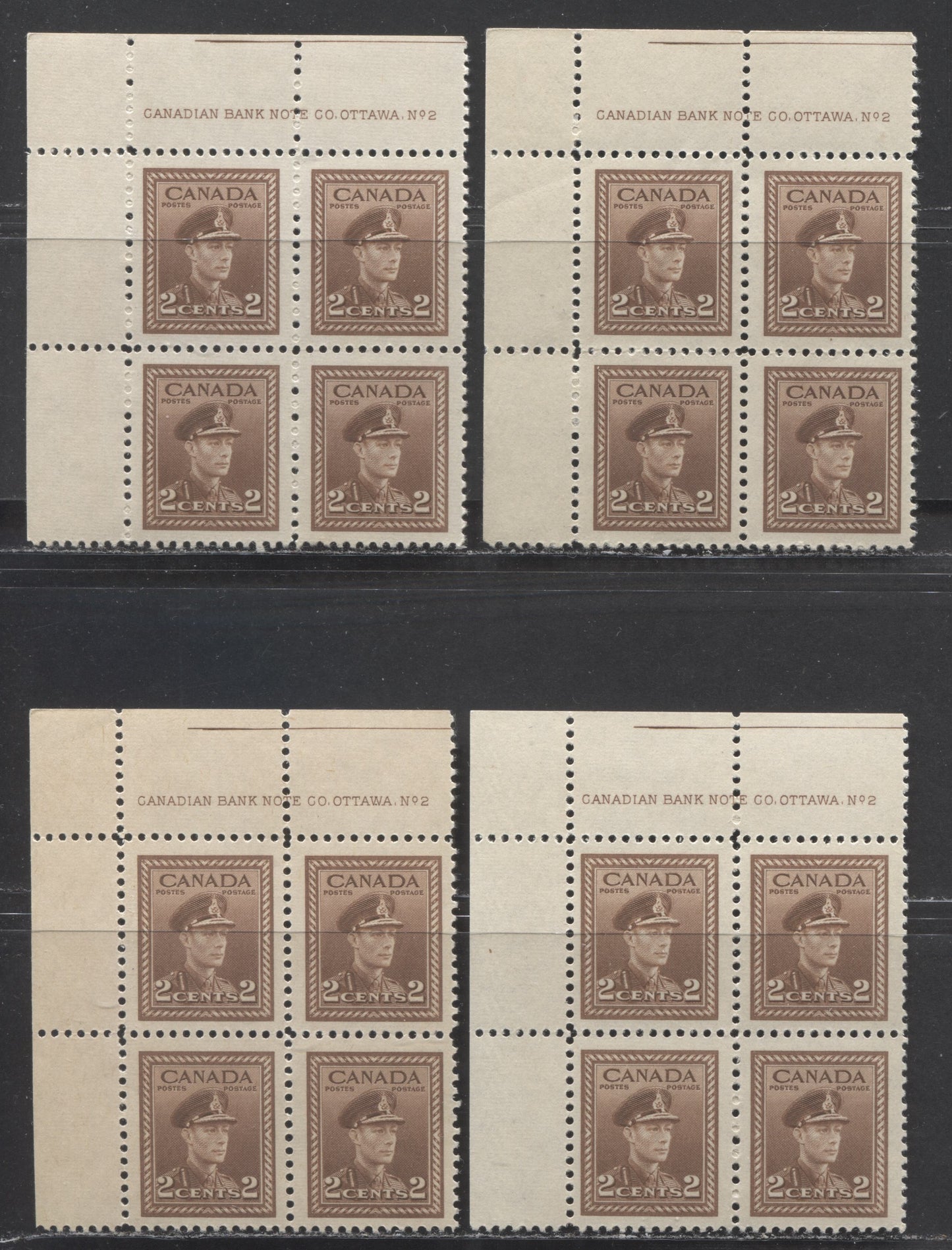 Lot 11 Canada #250 2c Brown, 1942-1943 War Issue, 4 VFNH UL Plate 2 Blocks Of 4 Printed In Various Shades, Papers & Gums