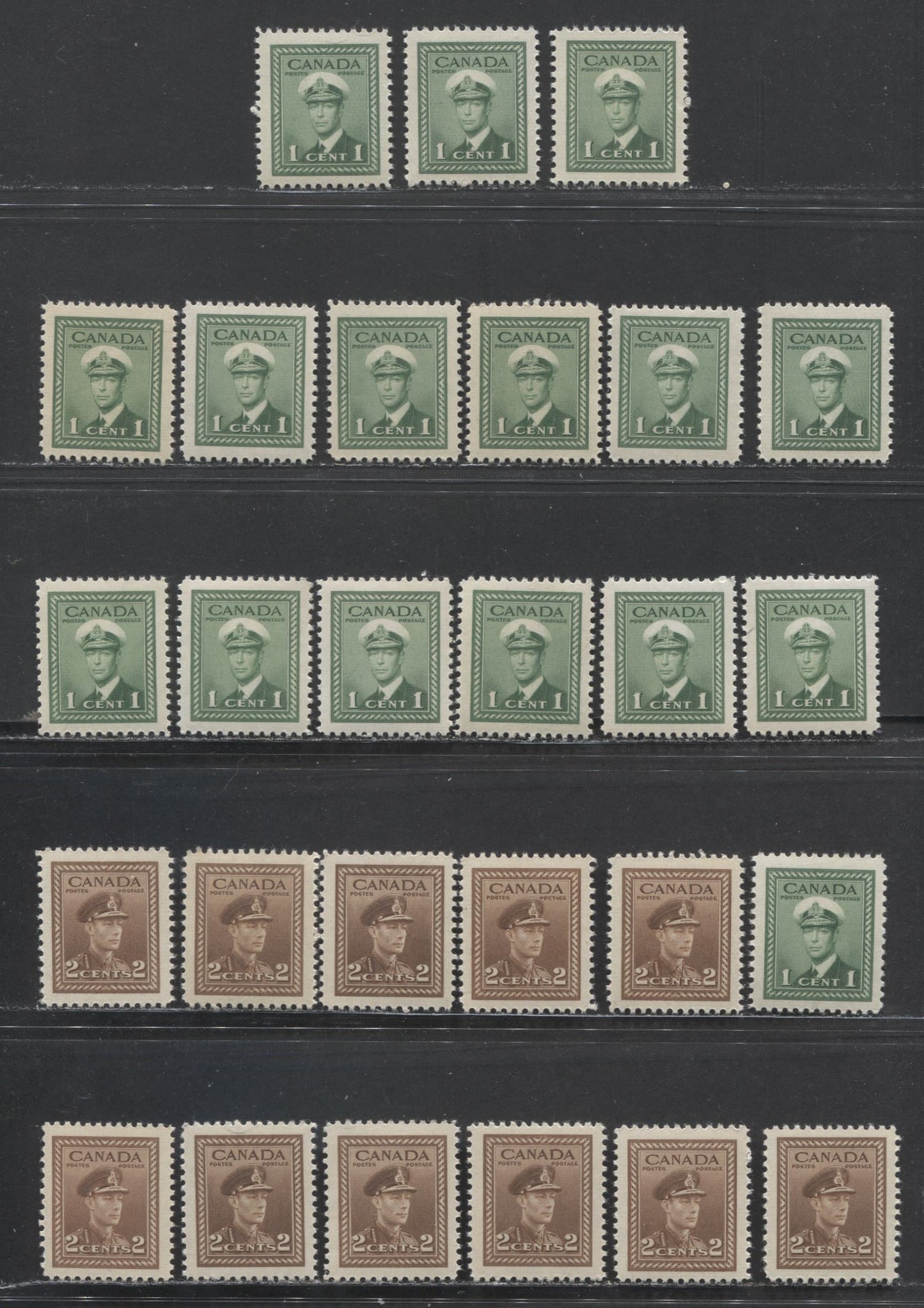 Lot 371 Canada #249-250 1c,2c Green, Brown King George VI, 1942-1943 King George VI - War Issue, 27 VFNH Singles Showing Various Shades, Paper And Gums
