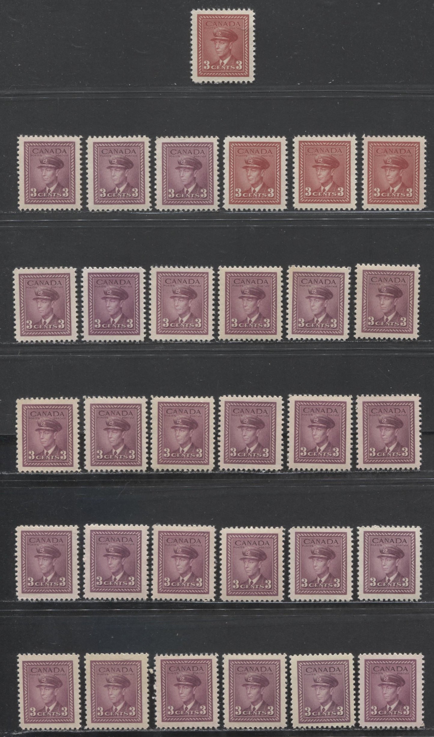 Lot 85 Canada #251-252 3c Dark Carmine-Rose Violet King George VI, 1942-1943 King George VI - War Issue, 31 VFNH Singles Specialized Lot Of 31
