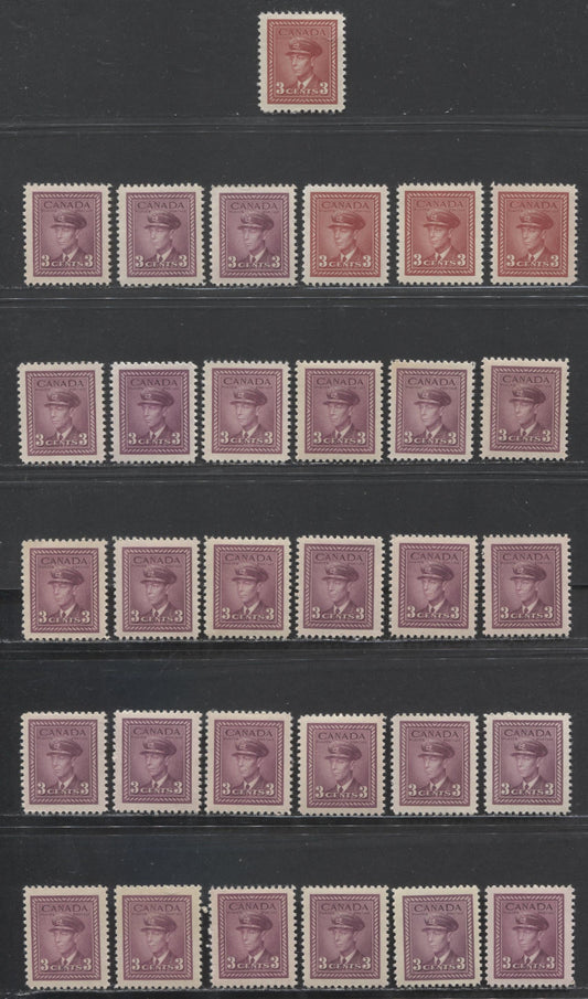 Lot 85 Canada #251-252 3c Dark Carmine-Rose Violet King George VI, 1942-1943 King George VI - War Issue, 31 VFNH Singles Specialized Lot Of 31