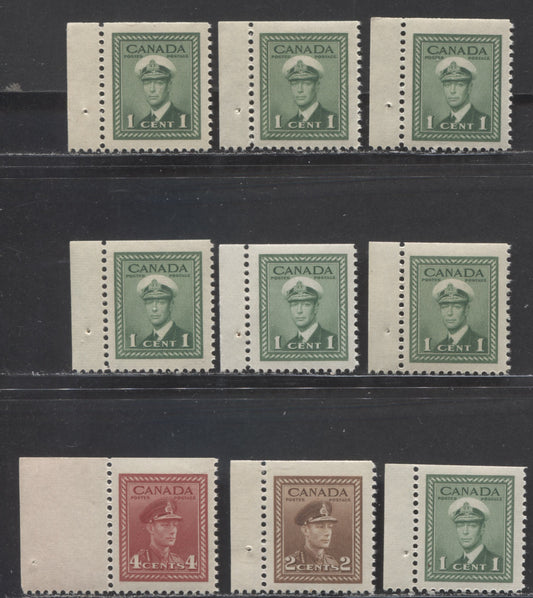 Lot 22 Canada #249bs, 250as, 254as 1c-2c, 4c Green - Dark Carmine, 1942-1943 War Issue, 9 VFNH UL Booklet Singles From Panes Of 4 + 2 Labels With Various Shades & Papers On Cream Gum