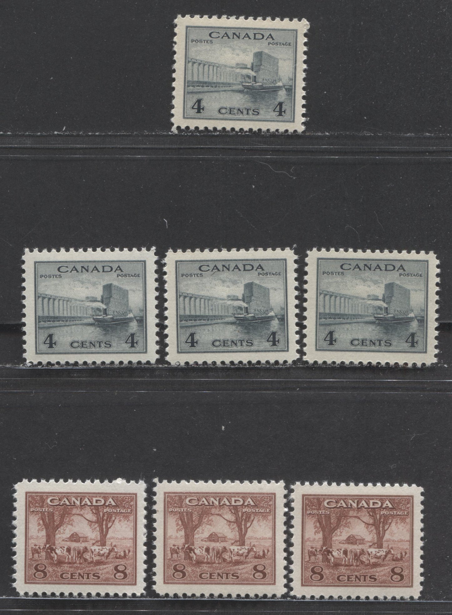 Lot 24 Canada #253, 256 4c & 8c Greenish Black & Red Brown, 1942-1943 War Issue, 7 VFNH Singles With Different Papers, Gums & Shades