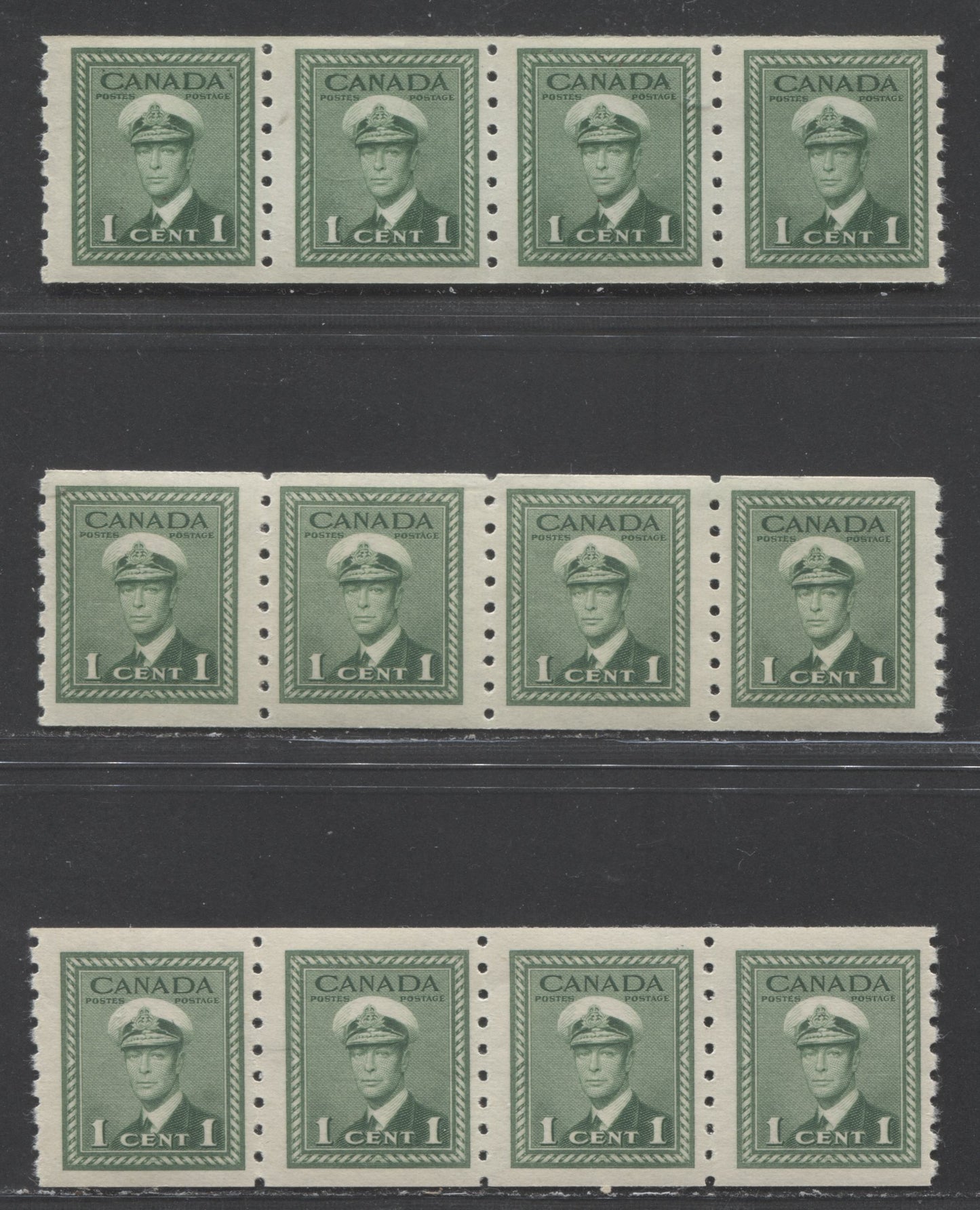 Canada #263 1c Green King George VI, 1942-1943 King George VI Coil Stamps - War Issue, 2 FNH Strips Of 4 Showing 2 Shades Of Green, One With Narrow Spacing In Middle