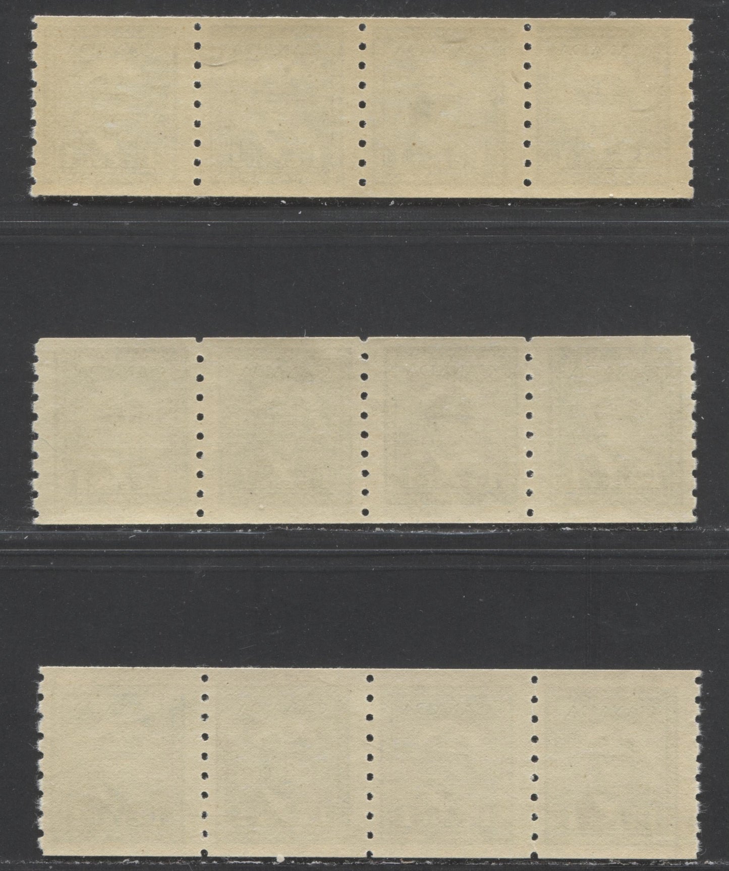 Canada #263 1c Green King George VI, 1942-1943 King George VI Coil Stamps - War Issue, 2 FNH Strips Of 4 Showing 2 Shades Of Green, One With Narrow Spacing In Middle