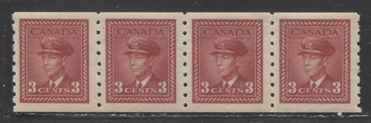 Canada #265 3c Bright Carmine Red King George VI, 1942-1943 King George VI Coil Stamps - War Issue, A VFNH Strip Of 4 On Horizontal Wove Paper With Cream Semi-Gloss Gum