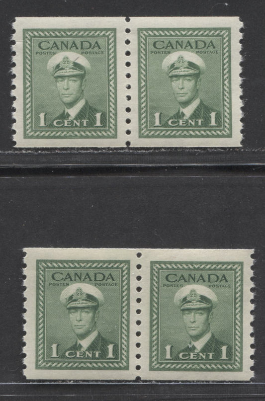 Lot 26 Canada #278 1c Deep Green & Light Green King George VI, 1948 War Issue Coils, 2 VFNH Coil Pair On Vertical Ribbed Paper With Semi Glossy Cream Gums, Perf 9.5 Vertically