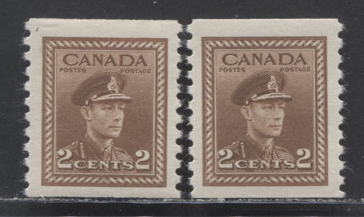 Lot 27 Canada #279 2c Brown King George VI, 1948 War Issue Coils, 2 VFOG Coil Singles On Vertical Ribbed Paper With Smooth Semi Glossy Cream Gum, Different Shades, Perf 9.5 Vertically