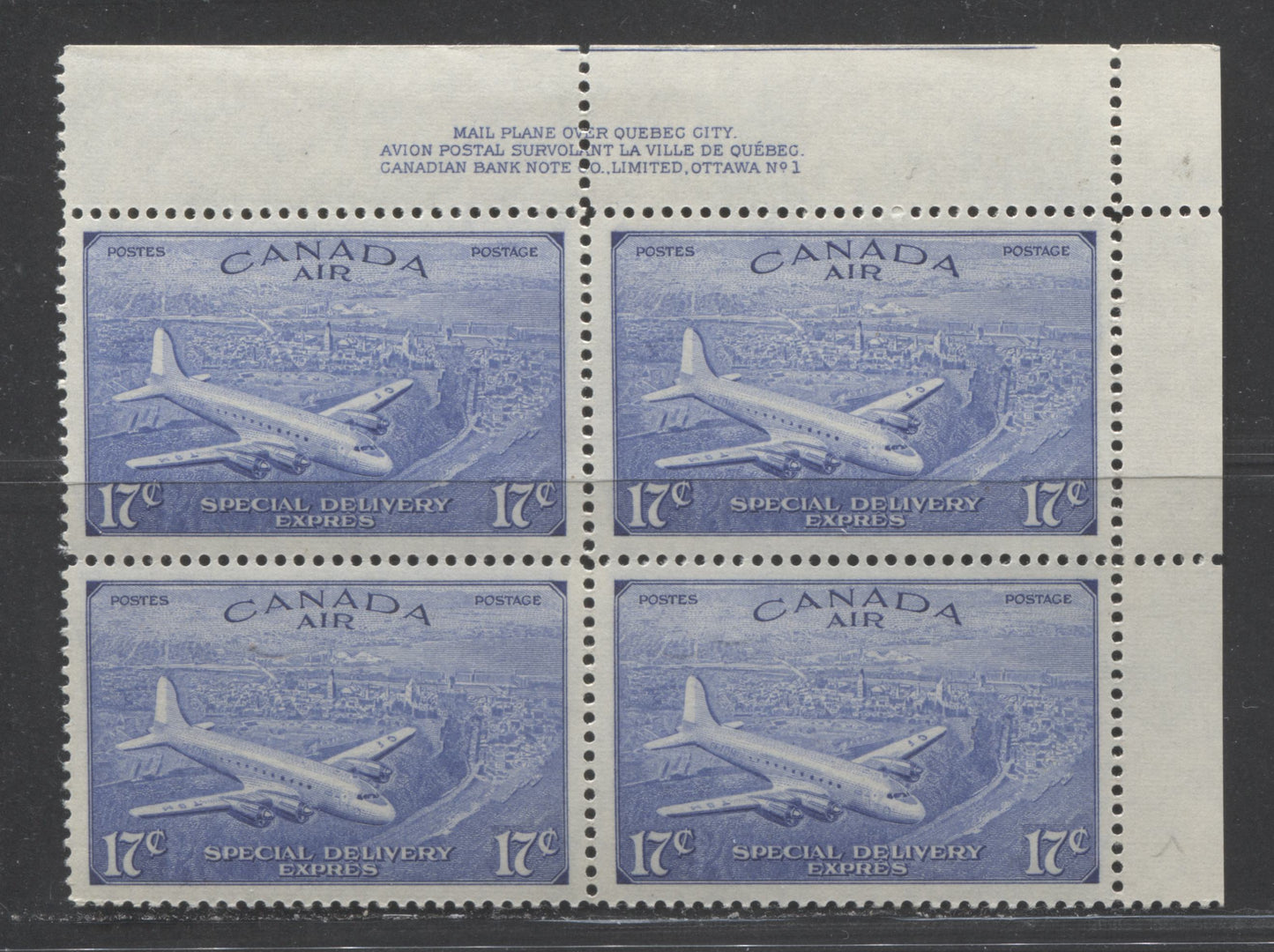 Canada #CE3 17c Deep Royal Blue D.C 4-M Airplane, 1946 Air Mail Special Delivery Issue, A VFNH UR Plate 1 Block Of 4 On Horizonal Ribbed Paper With Cream Semi-Gloss Gum