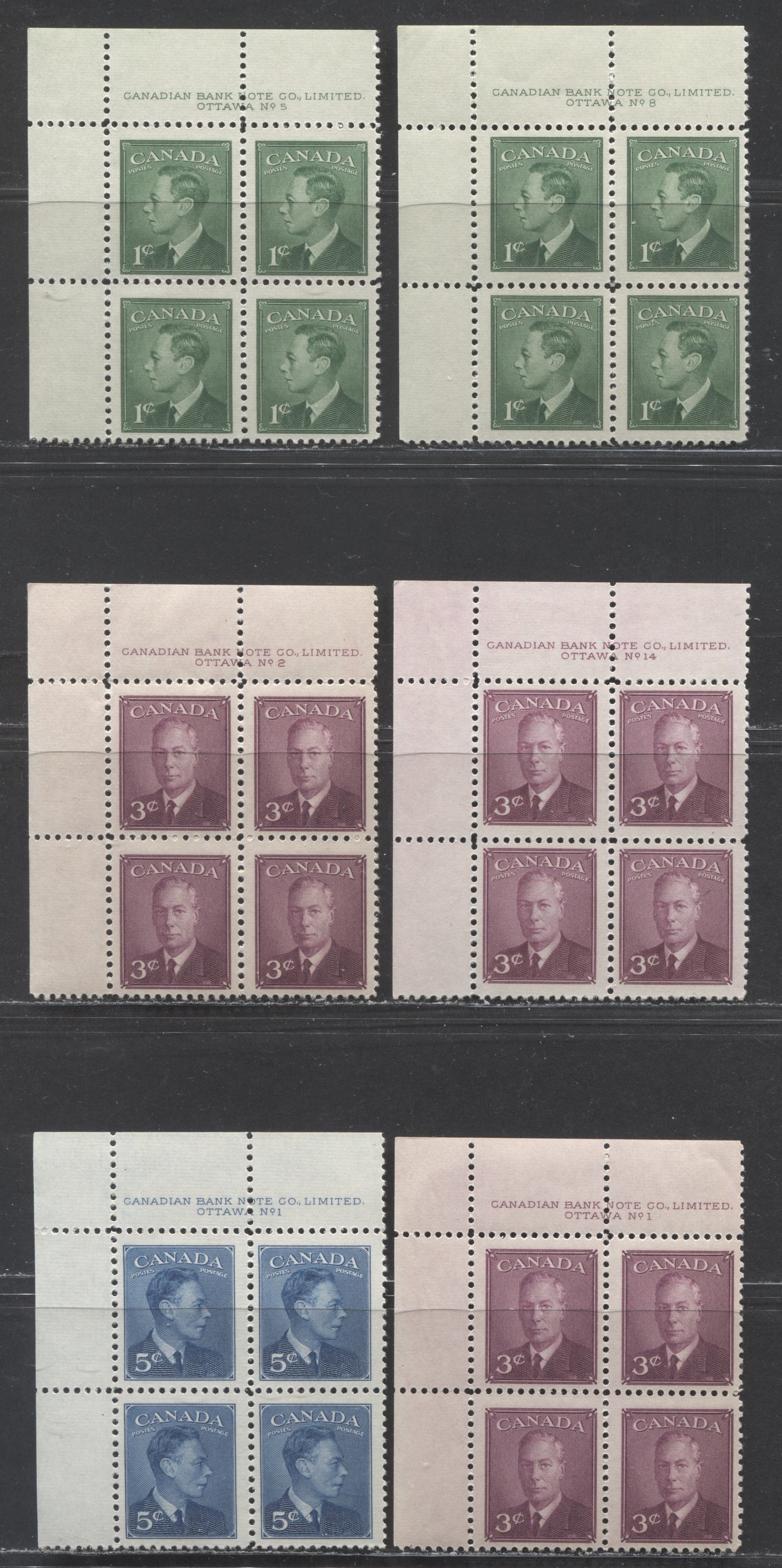 Canada #284, 286, 288 1c, 3  & 5c Green - Deep Blue King George VI, 1949 Postes/Postage Issue, 6 VFNH UL Plate Blocks Of 4 With Multiple Plates