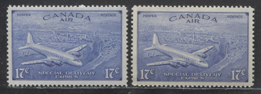 Canada #CE3 17c Ultramarine D.C 4-M Airplane, 1946 Air Mail Special Delivery Issue, 2 VFNH SIngles Different Shades On Horizontal Ribbed Paper