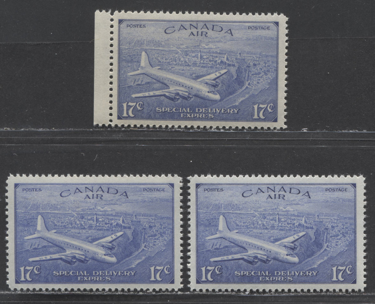 Canada #CE4 17c Ultramarine D.C 4-M Airplane, 1946 Air Mail Special Delivery Issue, 3 VFNH Singles Showing Different Shades And Gums