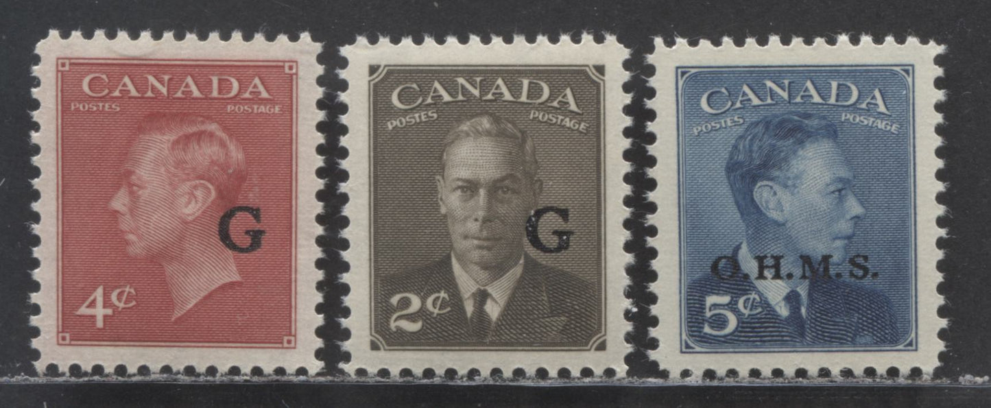 Canada #O15a,O17,O19 5c,2c,4c Deep Blue, Sepia, Dark Carmine King George VI, 1950 King George VI "Postes-Postage" Overprint Officials, 3 VFNH Singles