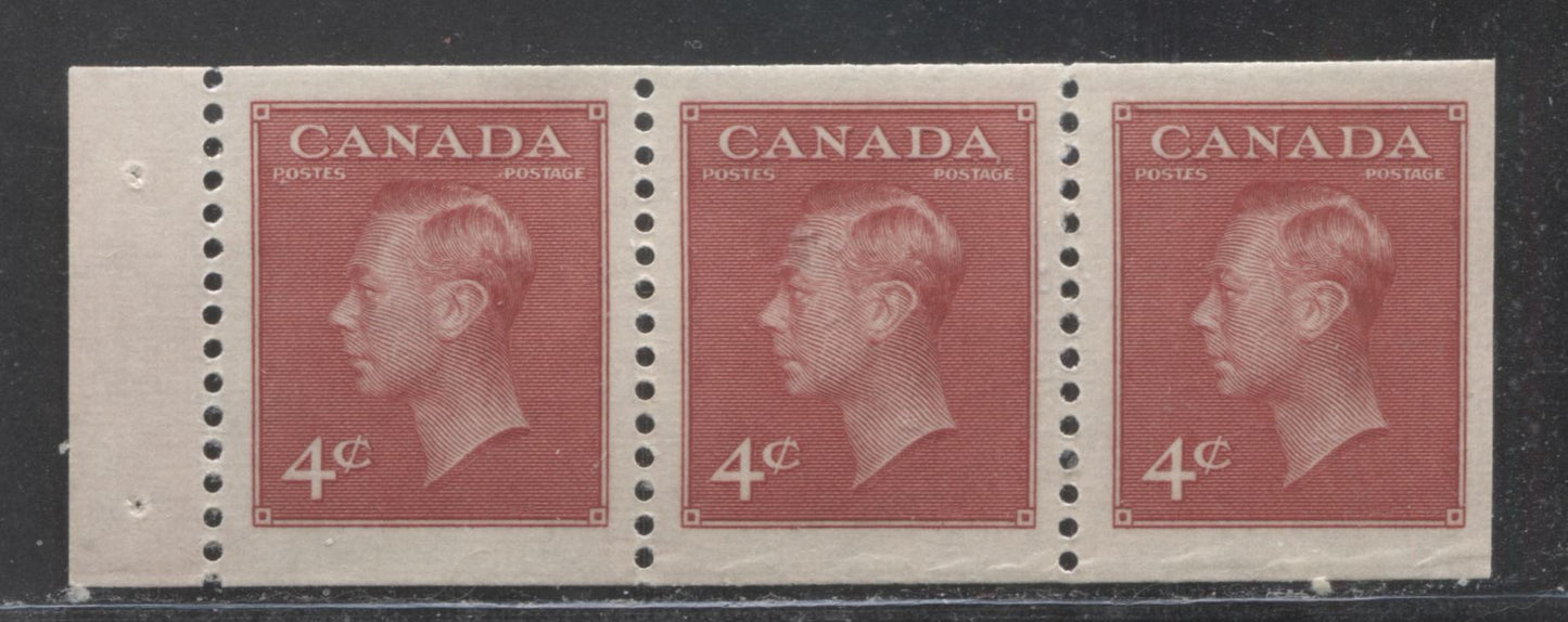 Lot 30 Canada #287a 4c Dark Carmine King George VI, 1949 Postes/Postage Issue, A VFNH Booklet Pane Of 3 On Horizontal Ribbed Paper With Semi Glossy Cream Gum, Light Wrinkle At Base