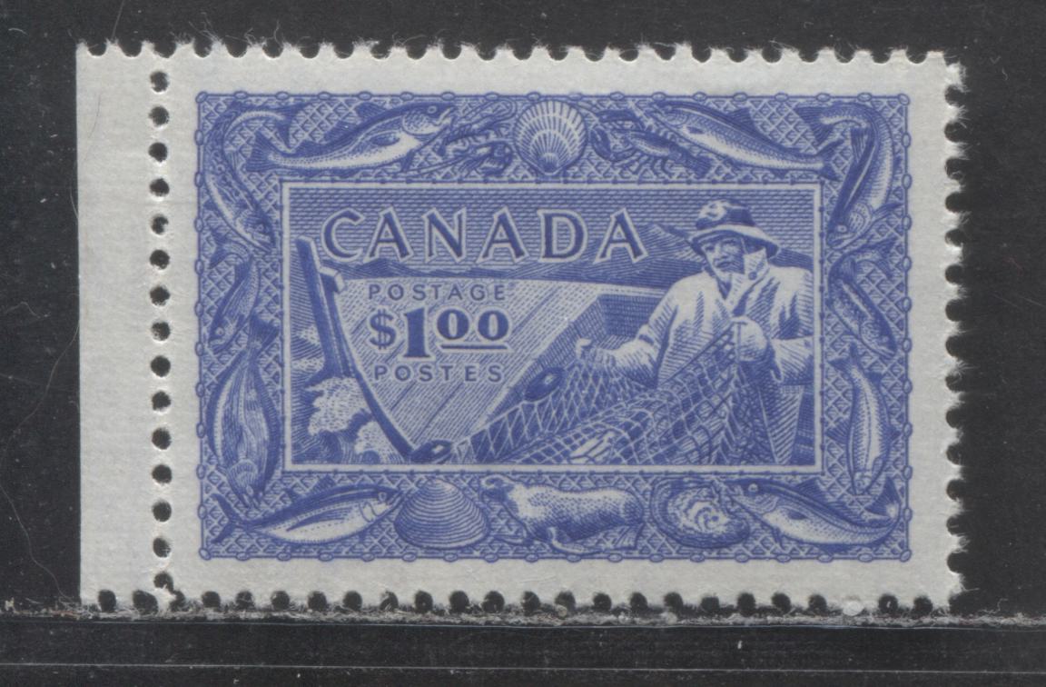 Lot 94 Canada #302 $1 Bright Ultramarine Fisherman, 1951 Natural Resources, A VFNH Single On Horizontal Ribbed Paper With Semi Glossy Yellowish Gum
