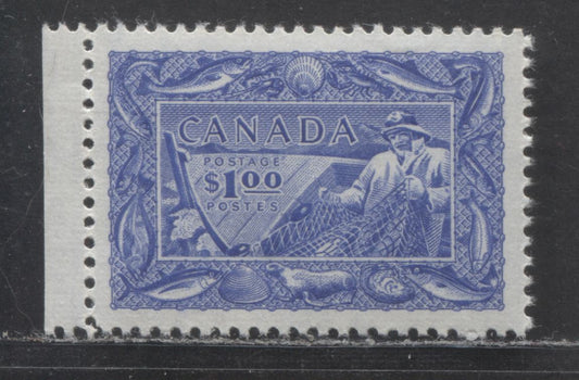 Lot 94 Canada #302 $1 Bright Ultramarine Fisherman, 1951 Natural Resources, A VFNH Single On Horizontal Ribbed Paper With Semi Glossy Yellowish Gum