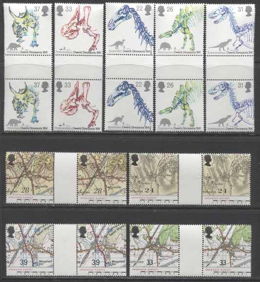 Lot 30 Great Britain SG#1573-1577 1991 150th Anniversary Of Dinosaur Identification & Bicentenary Of Ordinance Survey, 9 VFNH Gutter Pairs, Click on Listing to See ALL Pictures, Estimated Value $21.2 CDN