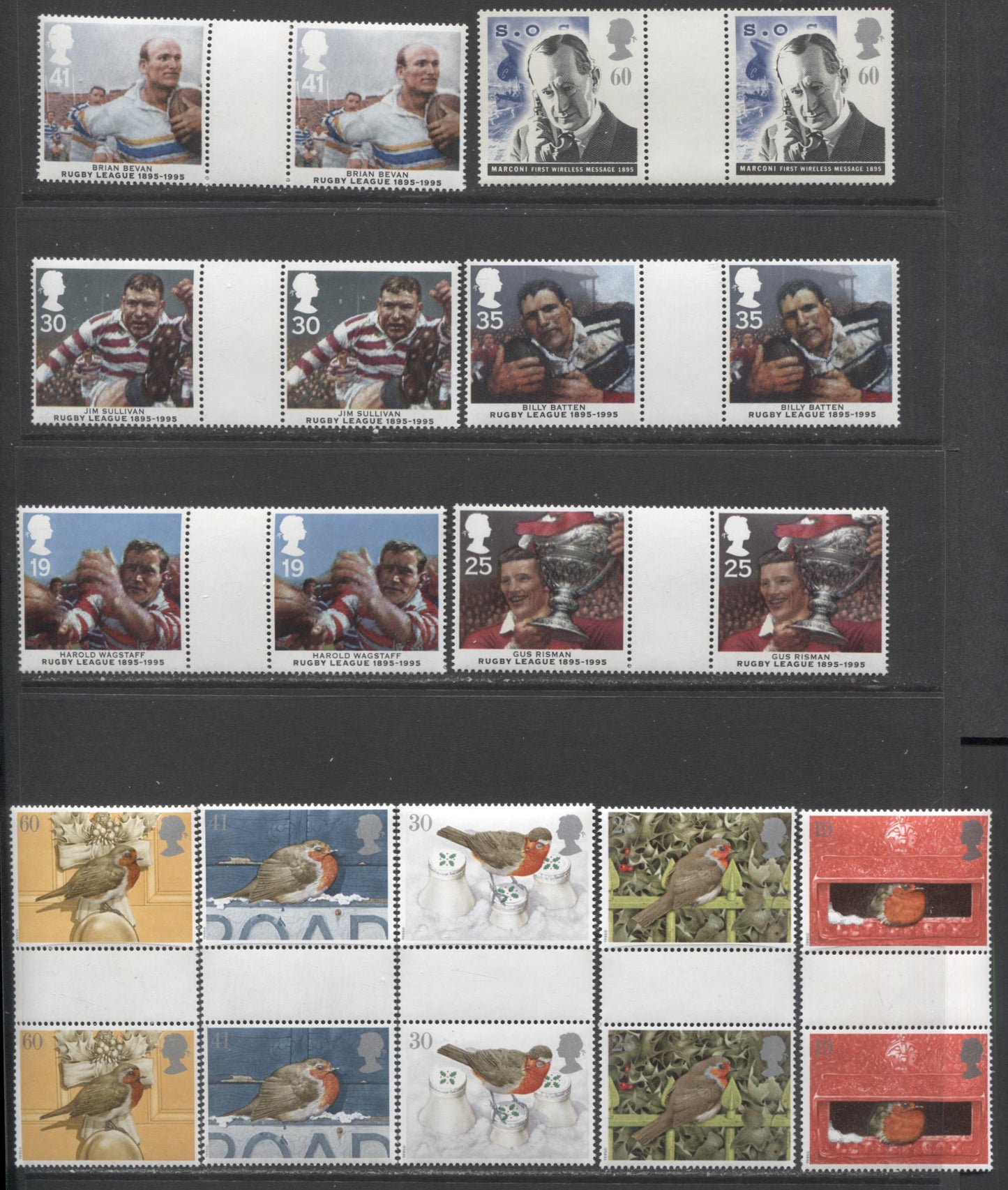 Lot 12 Great Britain SG#1887-1900 1995 Pioneer's Of Communication, Rugby League & Christmas, 14 VFNH Gutter Pairs, Click on Listing to See ALL Pictures, Estimated Value $21 CDN