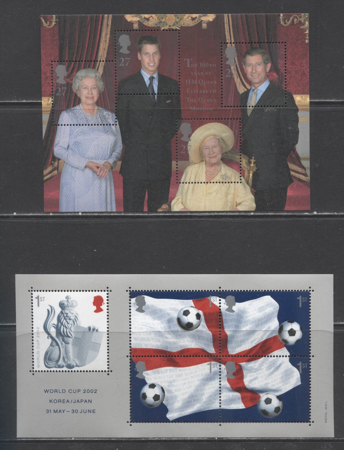 Lot 351 Great Britain SG#MS2161/MS2292 2000-2001 Queen Mother's 100th Birthday, Weather, Royal Navy Submarine & Wold Cup, 4 VFNH Souvenir Sheet, Click on Listing to See ALL Pictures, Estimated Value $40 CDN