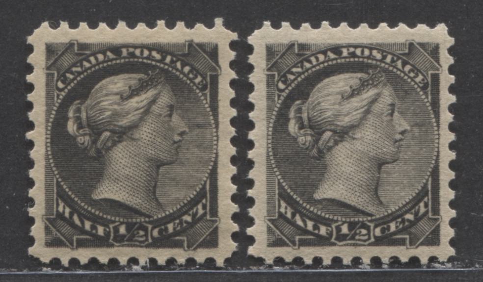 Lot 36 Canada #34 1/2c Black Queen Victoria, 1870-1893 Small Queen Issue, 2 VFOG Singles One With Nearly Full Offset Of Design On Back, 2nd Ottawa Printings