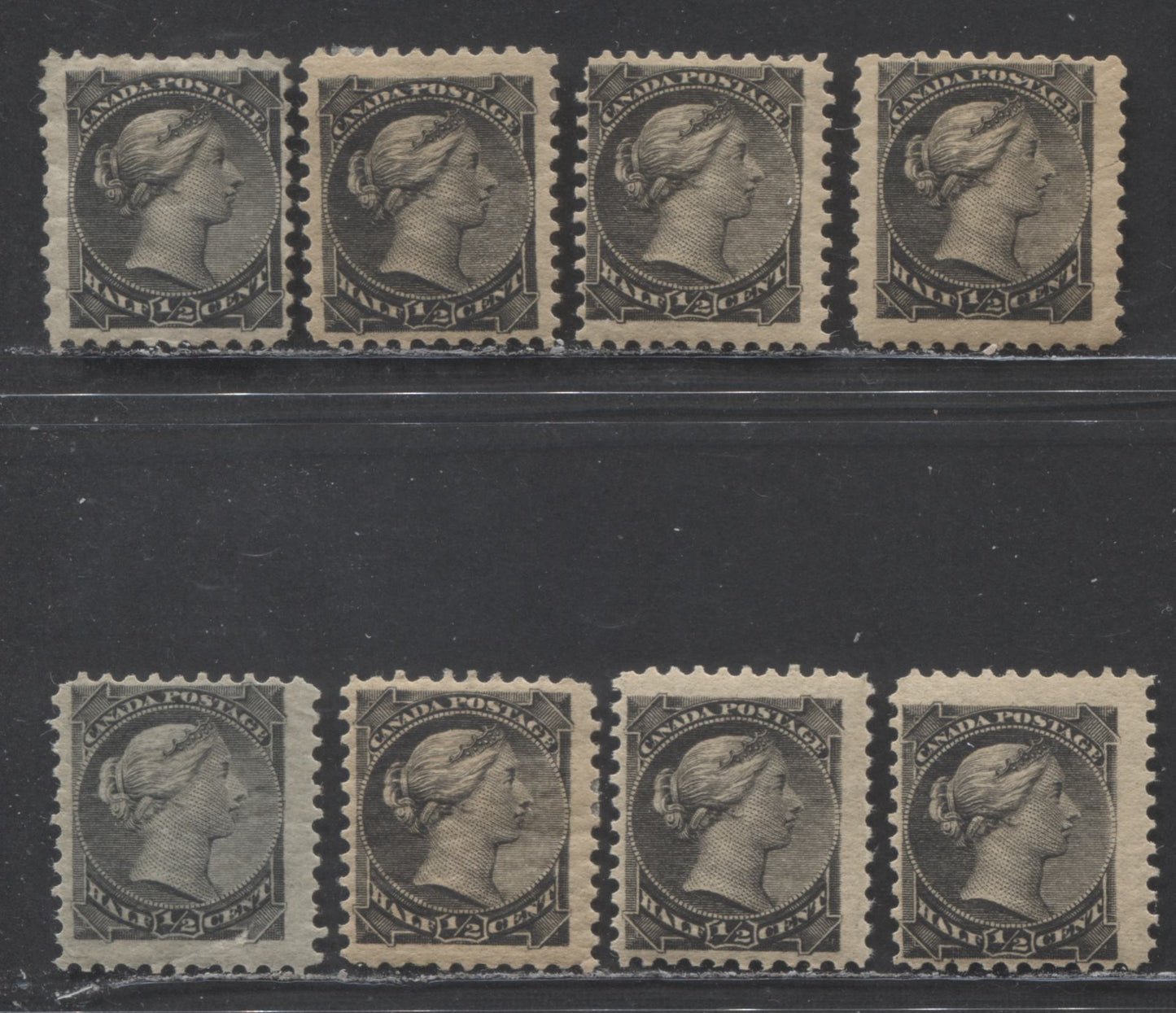 Lot 38 Canada #34,i 1/2c Black Queen Victoria, 1870-1893 Small Queen Issue, 8 FOG Singles, Showing Different 2nd Ottawa Printings, 2 With Minor Re-entries