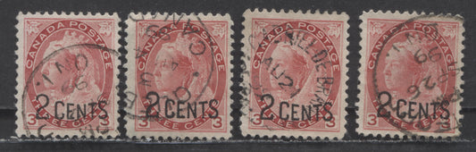 Lot 81 Canada #88 2c on 3c Carmine Queen Victoria, 1899 Provisional Issue, 4 Very Fine Used Singles Showing Different CDS Examples, Slightly Different Shades
