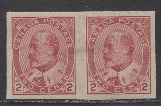 Lot 82 Canada #90A 2c Carmine King Edward VII, 1903-1908 King Edward VII Issue, A VFOG Imperf Pair, Counted As 1 VF Single, Right Stamp Has Thin