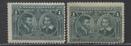Lot 87 Canada #97 1c Green Cartier & Champlain, 1908 Quebec Tercentenary, 2 FOG/NH Singles With Two Different Shades