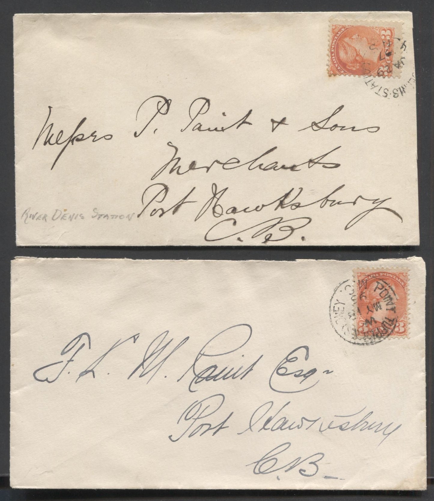 Lot 9 Canada #41 3c Vermilion, 1870-1897 Small Queen Issue, Usage on 2 Covers, Both Sent To P. Paint & Sons, 1895 and 1897