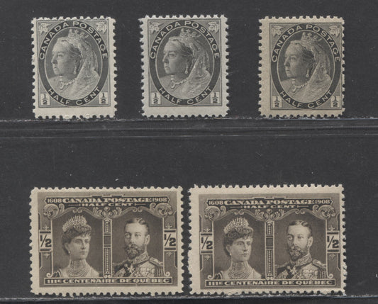 Lot 93 Canada #74,74i, 96 1/2c Black Queen Victoria, 1898-1908 Various Issues, 5 FNH Singles Showing Different Shades & Papers