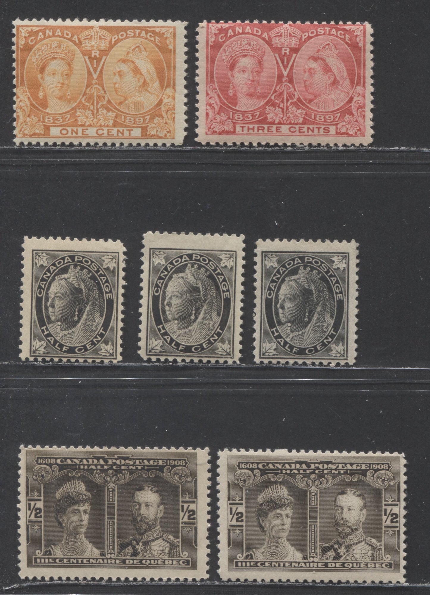Lot 94 Canada #51, 53, 66, 96 1/2c - 3c Black - Carmine Queen Victoria, 1898-1908 Various Issues, 7 FOG Singles Includes Different Shades