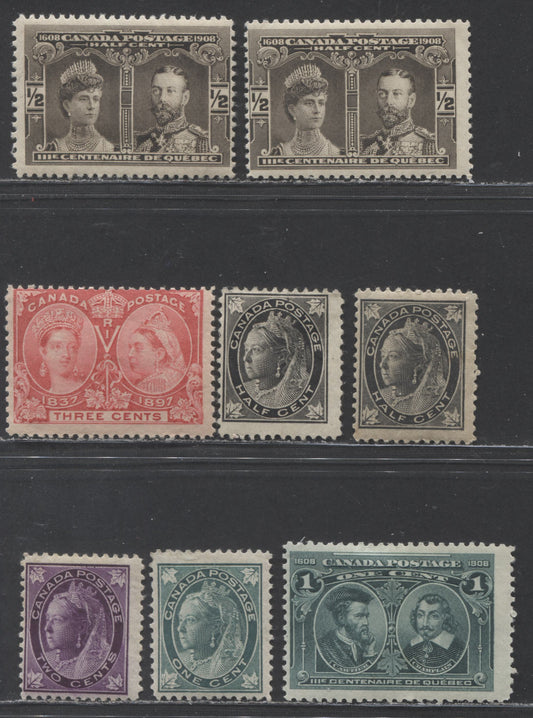 Lot 96 Canada #53, 66-68, 96, 97 1/2c - 3c Black - Carmine Queen Victoria, 1898-1908 Various Issues, 8 FOG Singles Includes Different Shades