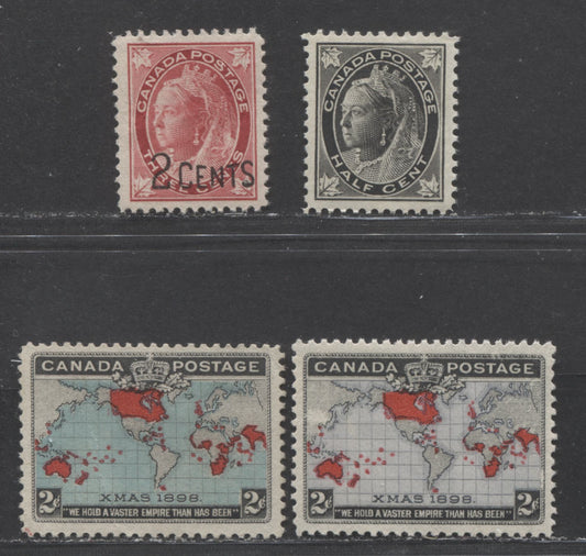 Lot 97 Canada #66, 85, 86b, 88 1/2c - 2c on 3c Black - Carmine Queen Victoria & Mercator's Projection, 1897-1899 Various Issues, 4 Very Fine Unused Singles