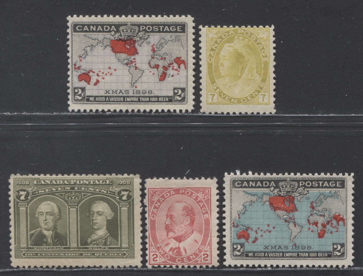 Lot 98 Canada #81, 85, 86b, 90i, 100 2c-7c Carmine - Olive Yellow Queen Victoria & Mercator's Projection, 1898-1908 Various Issues, 5 Very Good/Fine Unused Singles