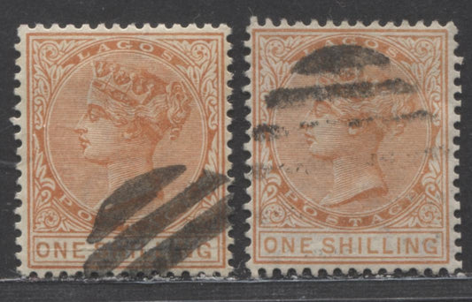 Lagos SC#31 1/- Deep Orange & Brown Orange And Deep Orange & Orange 1884-1886 Colour Changes & New Values, Crown CA Watermark, Perf 14 Comb, 2 Fine/Very Fine Used Examples, Click on Listing to See ALL Pictures, Estimated Value $35 USD