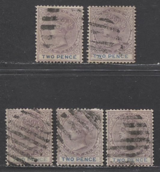 Lot 36 Lagos SC#18 2d Lilac & Deep Lilac, Lilac & Blue, Ultramarine & Cobalt 1887-1902 Bicolored, Crown CA Watermark, Perf 14 Comb, 5 Fine/Very Fine Used Examples, All Different Printings,  2022 Scott Classic Cat. $16.25 USD