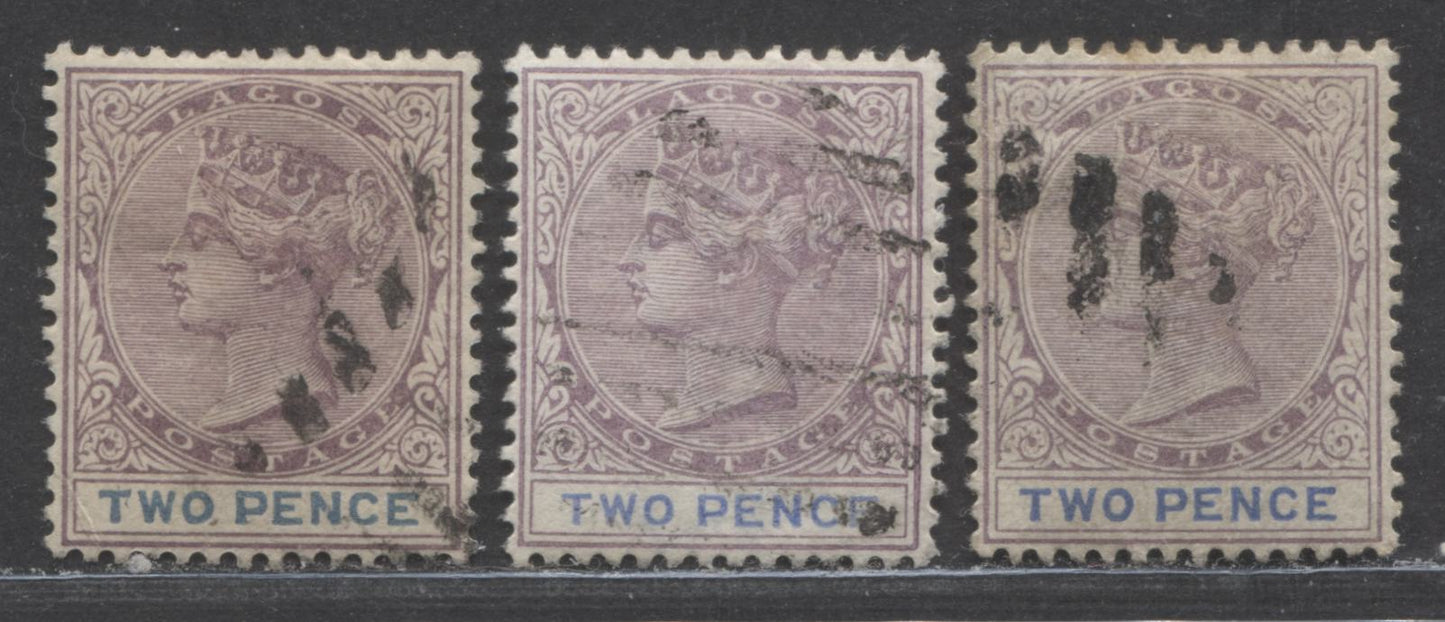 Lagos SC#18 2d Lilac & Deep Blue, Lilac & Ultramarine And Gray Lilac & Ultramarine 1887-1902 Bicolored, Crown CA Watermark, Perf 14 Comb, 3 Very Fine Used Examples, Click on Listing to See ALL Pictures, 2022 Scott Classic Cat. $9.75 USD