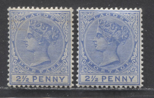 Lagos SC#19b 2 1/2d Ultramarine 1887-1902 Queen Victoria, Two Slightly Different Shades, Larger Letters Of Value. Bicolored, Perf 14 Comb, Crown CA Wmk, 2 VFNH Examples, Click on Listing to See ALL Pictures, Estimated Value For NH $100 USD