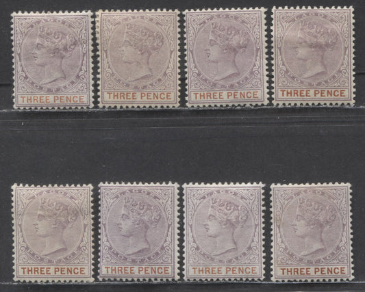 Lagos SC#21 3d Lilac & Chestnut, Orange Brown & Red Brown 1887-1902 Queen Victoria, , 8 VFOG Examples, Click on Listing to See ALL Pictures, 2022 Scott Classic Cat. $24 USD