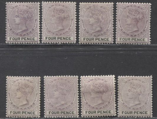 Lagos SC#24 4d Lilac, Pale Lilac, Grey Lilac & Black 1887-1902 Queen Victoria, From Different Printings, 8 VFOG Examples, Click on Listing to See ALL Pictures, 2022 Scott Classic Cat. $20 USD