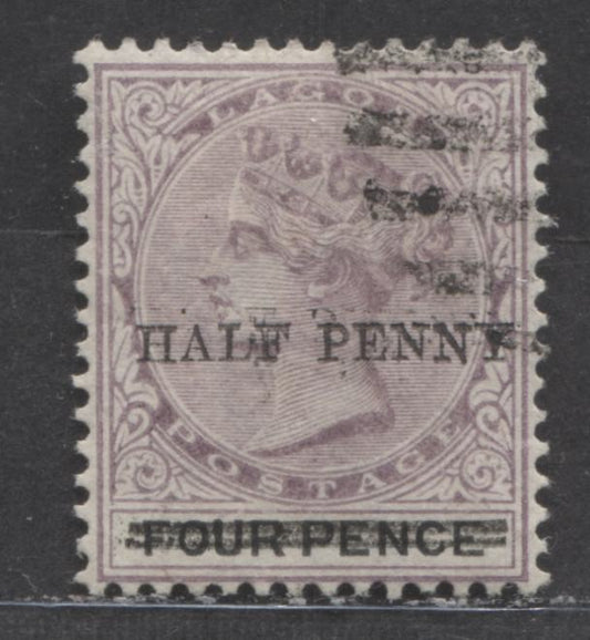 Lot 107 Lagos SC#39 1/2d On 4d Lilac & Black 1893 Queen Victoria Surcharged Issue, A Very Scarce Type 6 Variety 2 Surcharge (16.5mm), A Very Fine Used Example, Click on Listing to See ALL Pictures, Estimated Value $100 USD