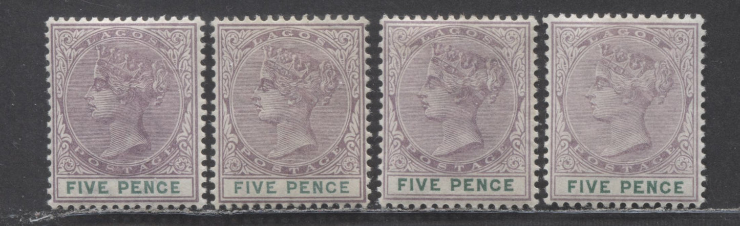 Lagos SC#25 5d Lilac & Pale Lilac, Green /Deep Green 1893 Queen Victoria, Each From Different Printing, 4 VFOG Examples, Click on Listing to See ALL Pictures, 2022 Scott Classic Cat. $12 USD