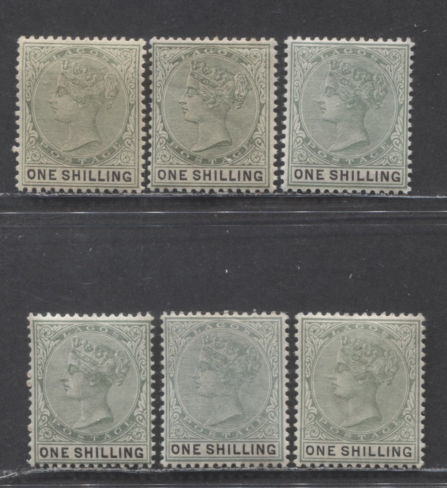 Lagos SC#32-32a 1/- Dull Yellow Green/Bluish Green & Black 1887-1902 Bicolored, Crown CA Watermark, Perf 14 Comb, Plate 1 & 2 Printings, 6 F/VFOG Singles, Click on Listing to See ALL Pictures, 2022 Scott Classic Cat. $37.5 USD