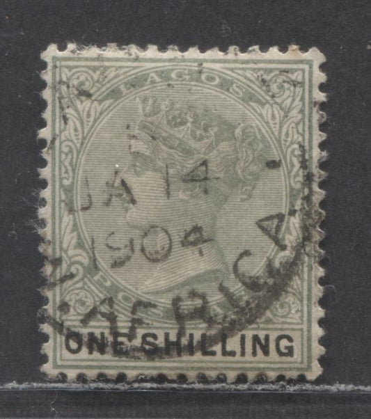 Lot 108 Lagos SC#32a 1/- Dull Green & Black 1887-1902 Bicolored, Crown CA Watermark, Perf 14 Comb, With January 14, 1901, Lagos CDS, A Very Fine Used Example, Click on Listing to See ALL Pictures, 2022 Scott Classic Cat. $29 USD