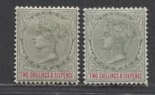 Lot 109 Lagos SC#34 2/6 Green & Carmine 1887-1902 Bicolored, Crown CA Watermark, Perf 14 Comb, Two Different Printings, 2 VFOG Example, Click on Listing to See ALL Pictures, 2022 Scott Classic Cat. $55 USD