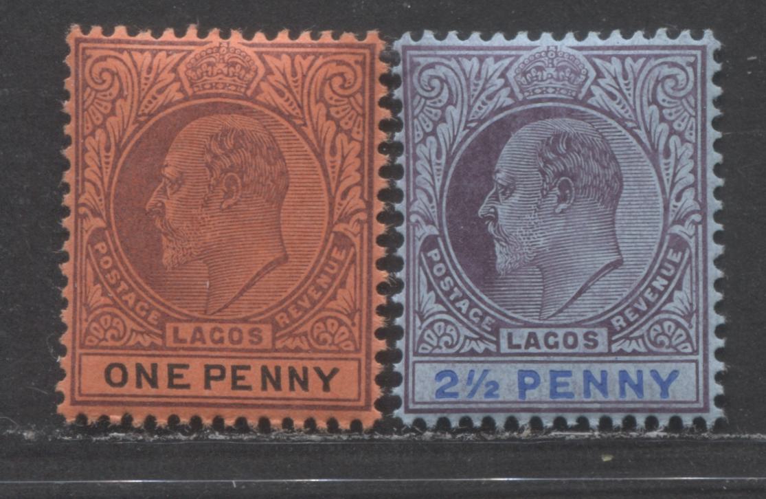 Lot 110 Lagos SC#51,53a 1d & 2 1/2d 1904-1906 King Edward VII Issue, 2 1/2d With Larger Letters Of Value, 1d On Ordinary Paper, Multiple Crown CA Wmk, 2 VFNH Examples, Click on Listing to See ALL Pictures, Estimated Value $20 USD