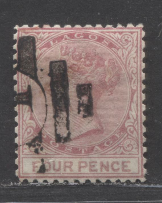 Lot 102 Lagos SC#4 4d Rose & Brownish Rose 1874-1875 Queen Victoria, Lagos Barred Obliterator Cancel, One Of 7 Printings Made Of This Value, 22,320 Issued, Separately Printed Plates, A VF Used Example, 2022 Scott Classic Cat. $50 USD