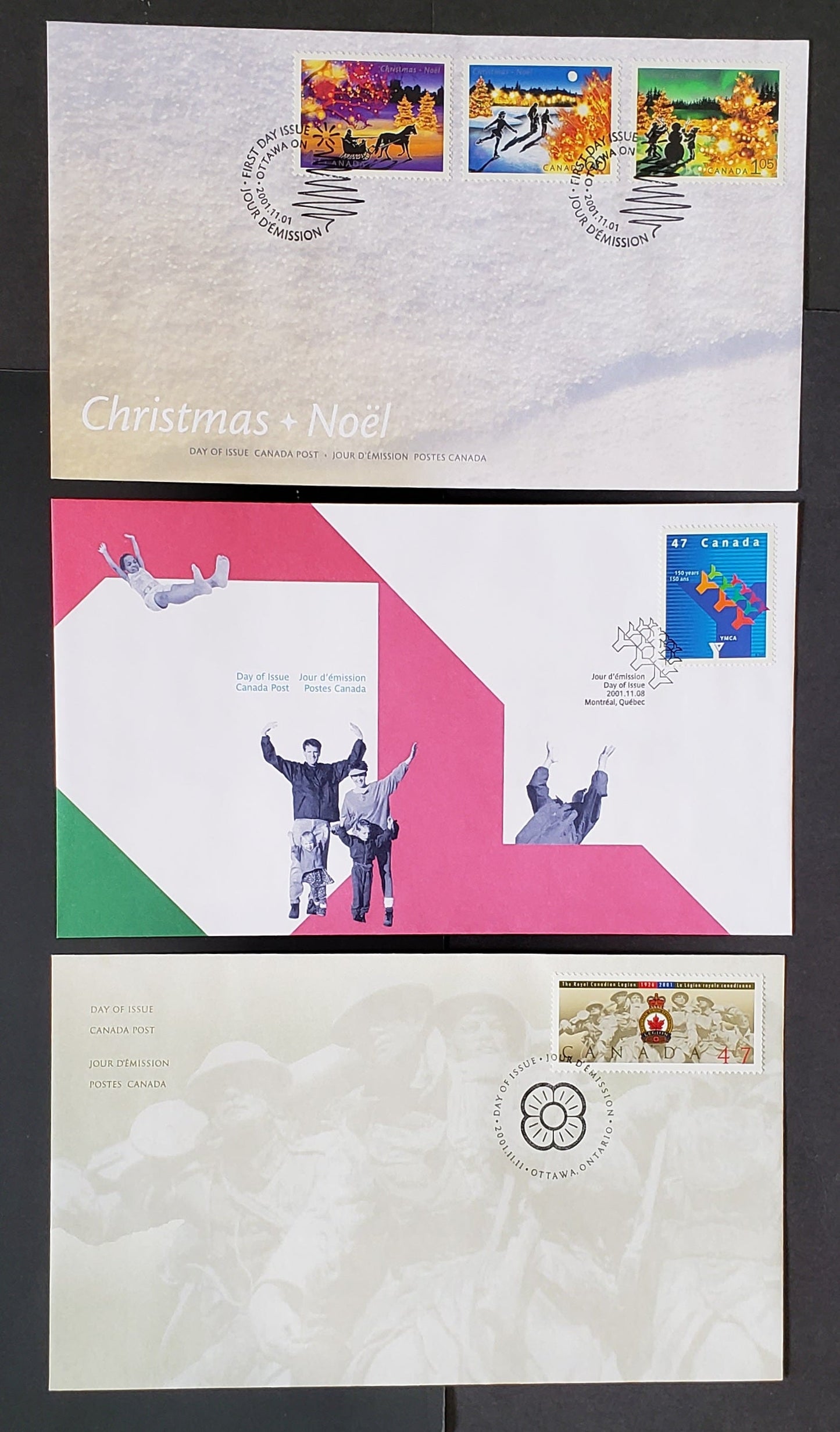 Lot 14 Canada #1922-1926 47c-$1.05 Multicoloured Various Designs 2001 Christmas - RCL, A Canada Post First Day Covers Franked With Singles, HF Envelopes, Cat. Value $12.15