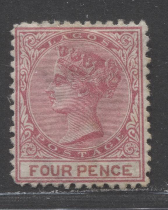 Lagos SC#4 4d Carmine & Deep Brownish Red 1874 - 1875 Queen Victoria, One Of 7 Printings Made Of This Value, 23,320 Issued, No Gum, Plates Printed Seperatly, Perf 12 1/2 Line, Crown CC Wmk, A VF Unused Example, Estimated Value $75 USD